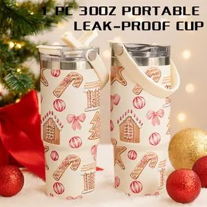1 Pc 30 Oz Portable Stainless Steel Thermal Mug, 2-in-1 Lid, Gingerbread House and Candy Cane Christmas Pattern, 100% Leak-Proof, Keep Hot 12H/ Cold 24H, Fun Drinkware for Home, Office, Car, Perfect Holiday Gift for Women, Mothers, and Friends.