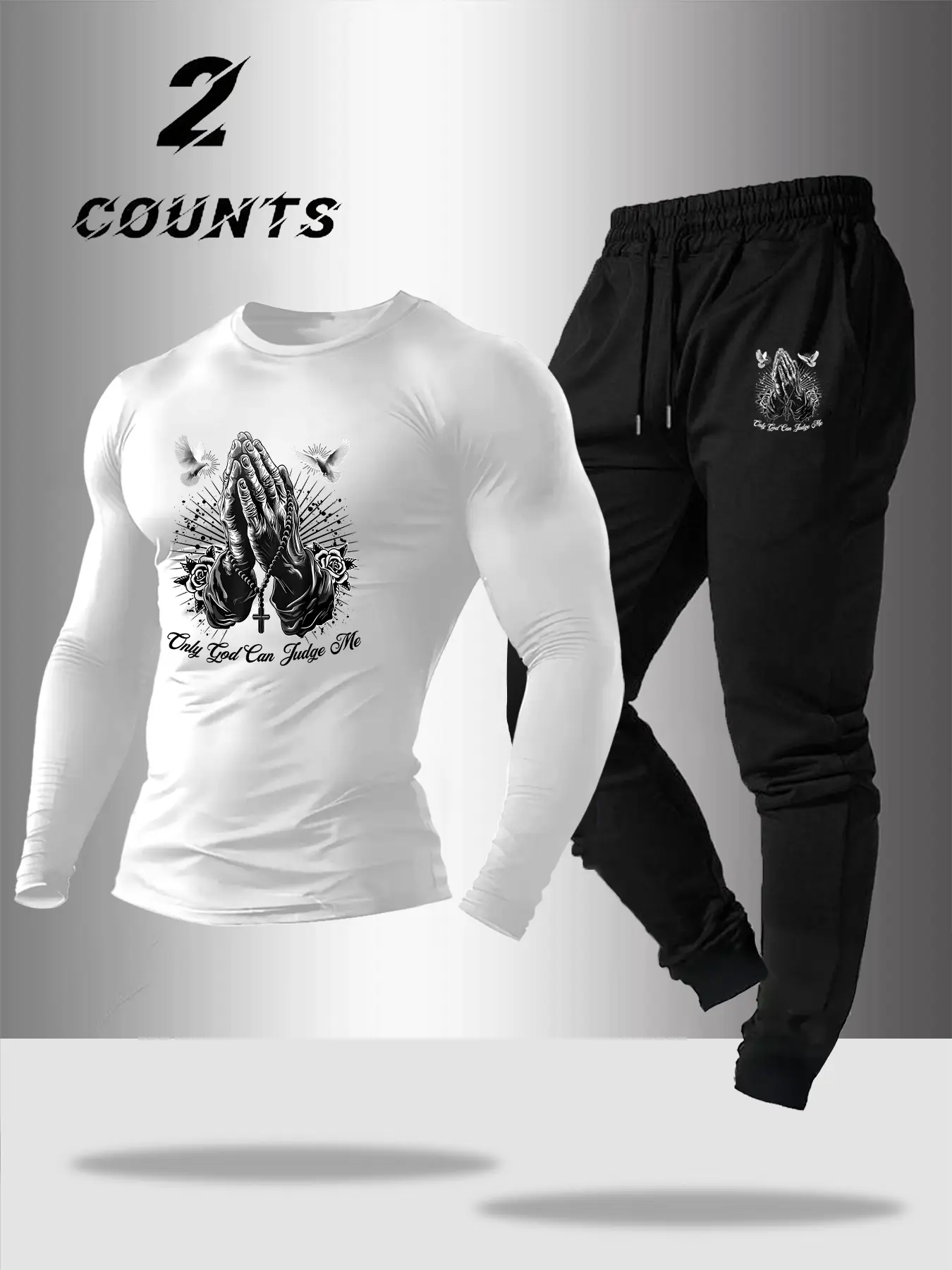 Men's Pigeon Pattern Letter Print Long Sleeve Top and Drawstring Sweatpants Set, Casual Fashion Comfort Knit Fabric, Two-Piece
