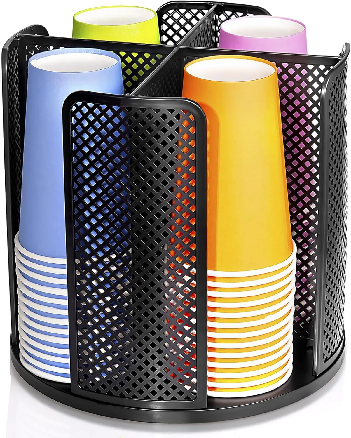 Disposable Paper Cup Dispenser - 4-Compartment Hollow Rotate Tray, Multi-Purpose ABS Plastic Removable Cup & Lid Organizer for Kitchen Countertops, Coffee Stations, Bathroom Accessory (Black)