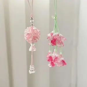 A pair Pink Cherry Blossom Beaded Lucky Phone Charm Lanyard Cute Aesthetic Wrist Strap Lanyard Floral Pendant for Girls