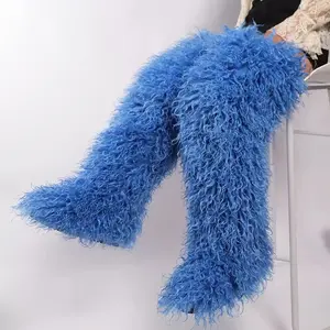 Women's -Lined Plush Faux Fur Over-the-Knee Boots - Thick Platform Sole Winter Tall Boots with Faux Fur, Round Toe Warm Knee-High Boots for Weather, Casual & Outdoor Wear (Hand Washable)