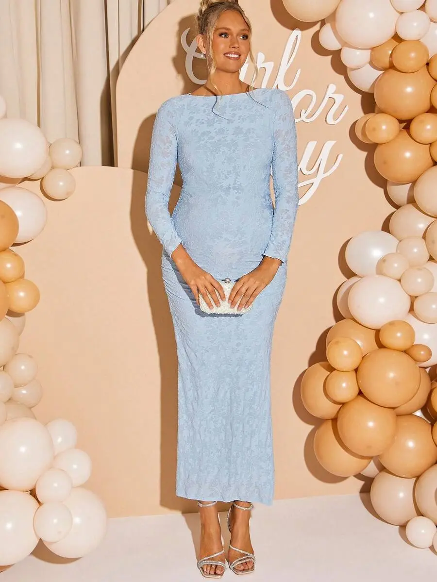LAFERLIN Maternity Boat Neck Jacquard Long Sleeve Fitted Elegant Dress Baby Blue Pregnancy Photoshoot Gender Reveal Powder Shower Fall