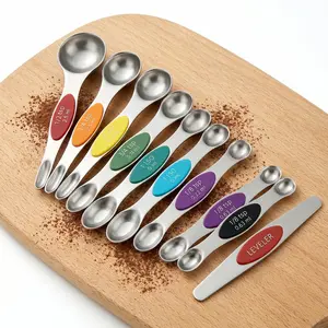 Heavy Duty Magnetic Measuring Spoons 9Pcs, 430 Stainless Steel Double End Spoons with Leveler, Stackable Color Coded Kitchen Baking Gadgets