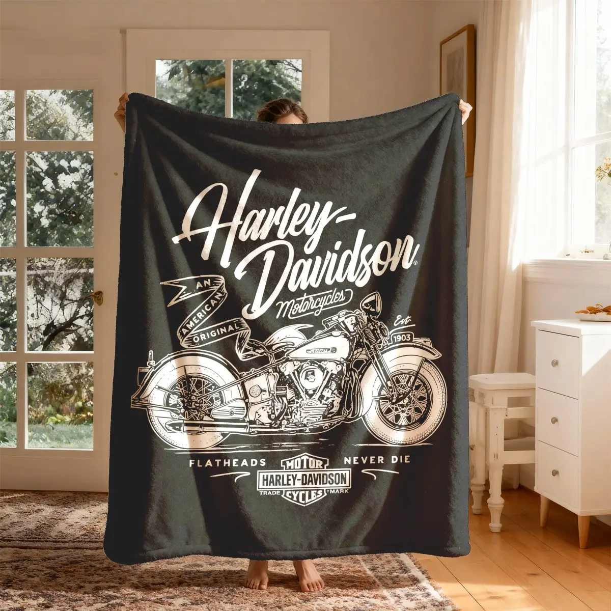Harley-Davidson Vintage Motorcycle Flannel Blanket, Motorcycle Throw, Graphic Throw Blanket, Motorcycle Theme, Flatheads, Never Die, Large Soft Lightweight Warm, Perfect for Bed Sofa Office Camping Travel Gift, Motorcycle Lover, Cozy Throw Blanket