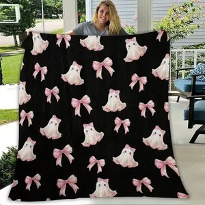 1pc Black And Pink Ghost Bowknot Halloween Theme Flannel Throw Blanket, Digital Printing, 280gsm, Soft & Warm Plush, Ultra Cozy, Perfect For Living Room, Bedroom, Travel & Camping, Home Festival