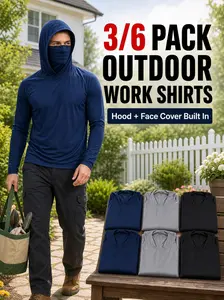Men’s 6-Pack Long Sleeve Hooded Work Shirts with Built-in Face Cover, Lightweight Quick-Dry All Seasons Activewear for Yardwork, Fishing, Breathable Outdoor Performance Top