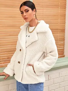 A set of women's beige collar plush casual jackets, Coats, Long Sleeve, suitable for autumn and winter, suitable for home, indoor, and outdoor wear