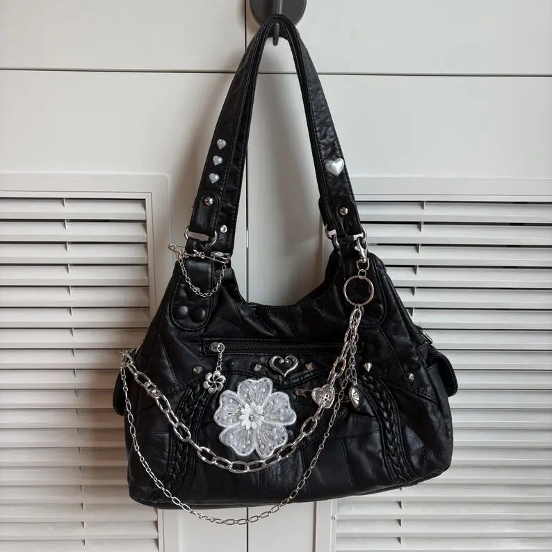 super cute handmade remake black leather bag shoulder bag chain crossbody bag tote bag for women gril party bag