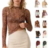 Yeokou Women Floral Lace Mesh Long Sleeve Top Sheer Mock Neck Layering Blouse