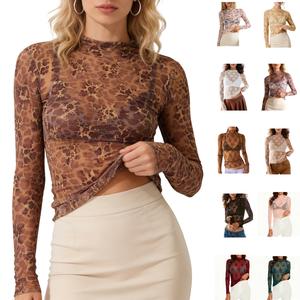 Yeokou Lace Tops for Women, Mesh Top Long Sleeve Floral Lace Blouse, Sheer Mesh Mock Neck Layering Top,summerwins