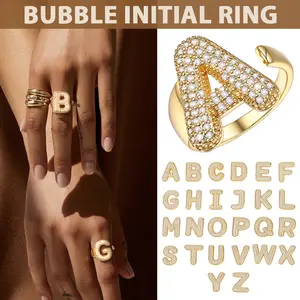 FindChic Bubble Initial Golden Ring Ballon Jumbo Shining Letter Open Adjustable Rings Cubic Zirconia Daily Casual Rings Name Jewelry Gift for Women Girls BFF