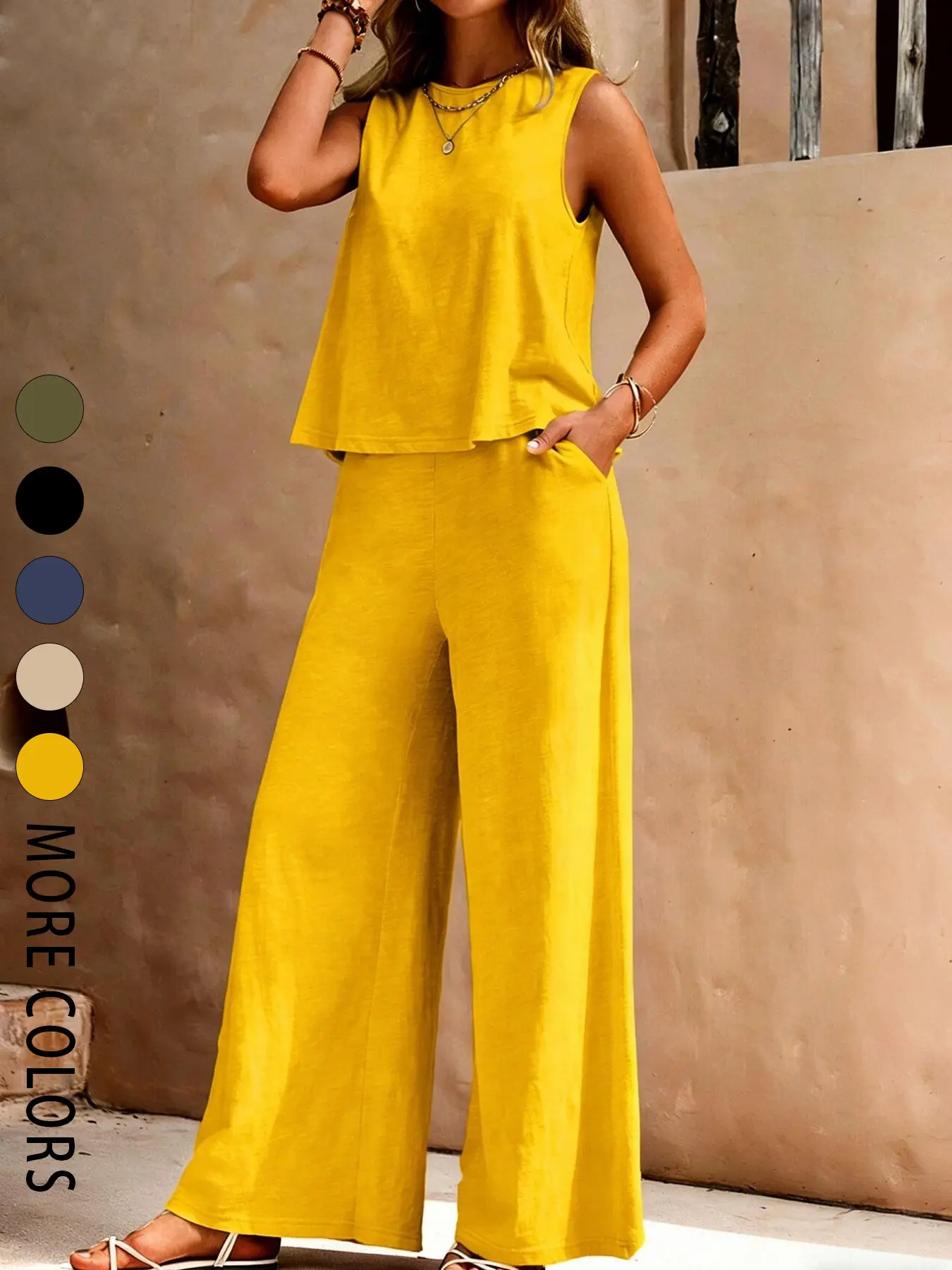 Two-piece women's solid color trend versatile loose Baggy pullover round neck sleeveless top Everyday casual wide-leg high-waist pants suit outfit, suitable for, suitable for outdoor, home, daily commuting Summer Wear