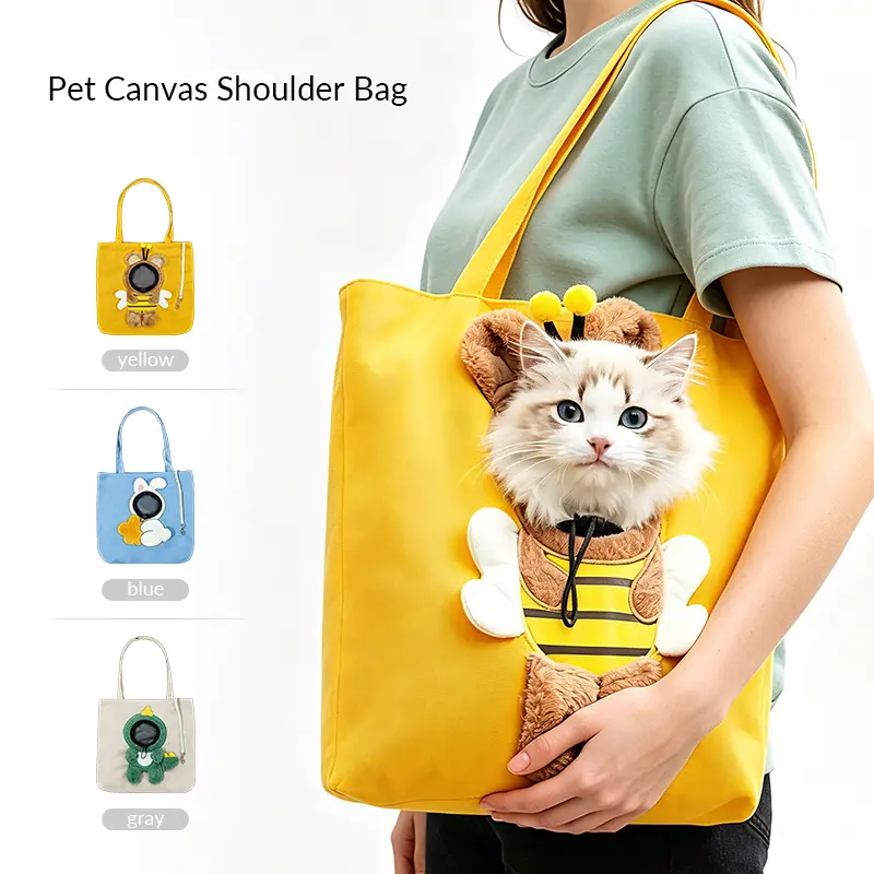 Pet Canvas Shoulder Tote Carrier Bag - Cute Cartoon Design, Adjustable Drawstring, Portable for Small Cats/Puppy Dogs (2 Sizes M-L, Fits 0-8kg Pets; 3 Styles Bee-Rabbit-Dinosaur in Yellow-Blue-Gray)