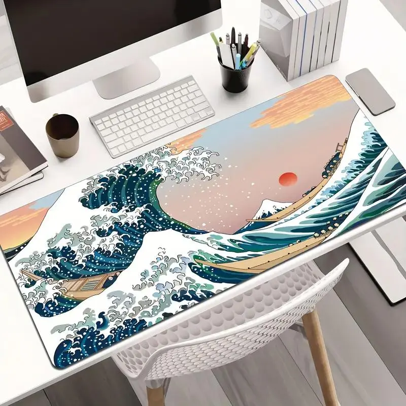 Great Wave Off Kanagawa Desk Mat, Hokusai Japanese Art Mouse Pad, Traditional Ocean Tsunami Scene With Sunset Sky Background