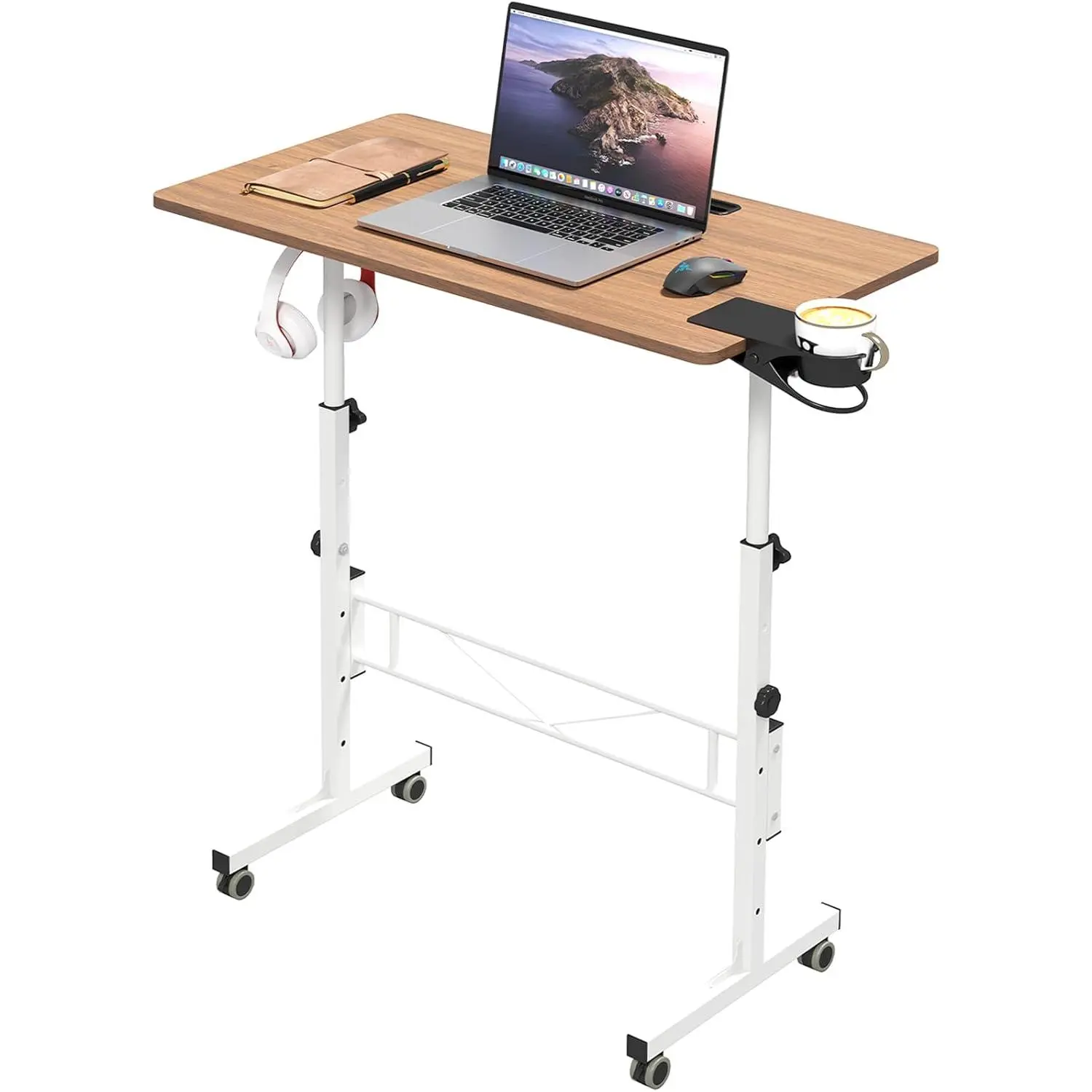 Portable Standing Desk, Rolling Desk Adjustable Height, Mobile Laptop Desk, Small Stand Up Table with Wheels, Walking Table for Treadmill Walking Pad, Tall Computer Stand, Oak