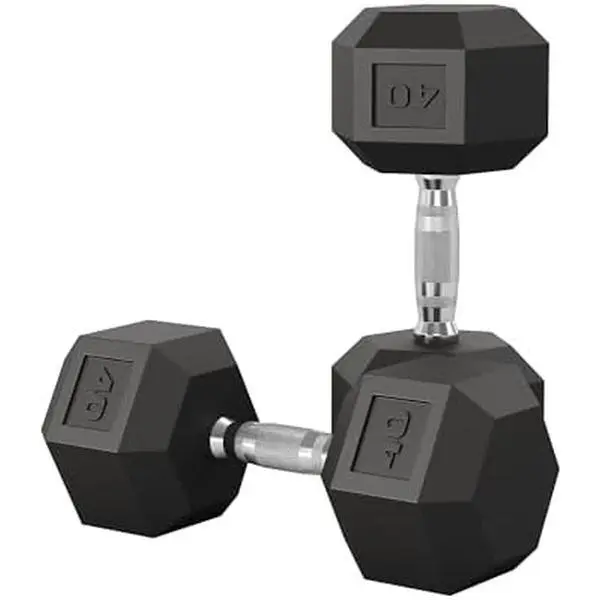 40 LB Hex Dumbbell Pair, Rubber Coated Cast Iron, Textured Handle Home Gym