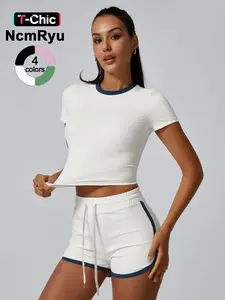 Women's Two-Piece Sportswear Set, Round Neck, Colorblock Design, Slim Fit, Short Sleeve, Waist Cinch, Adjustable Drawstring, Smooth Texture, Stretchy Suit Set, Sports Clothing Set
