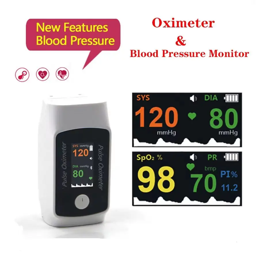 2 in 1 Fingertip Pulse Oximeter Blood Pressure SpO2 Heart Rate Monitor 4-in-1 Bluetooth Portable TFT Display Smart Health Tracker with APP for Home Use
