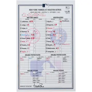 New York Yankees Game-Used Lineup Card vs. Houston Astros on September 1, 2023 - Jasson Dominguez MLB Debut - Fanatics Authentic Certified