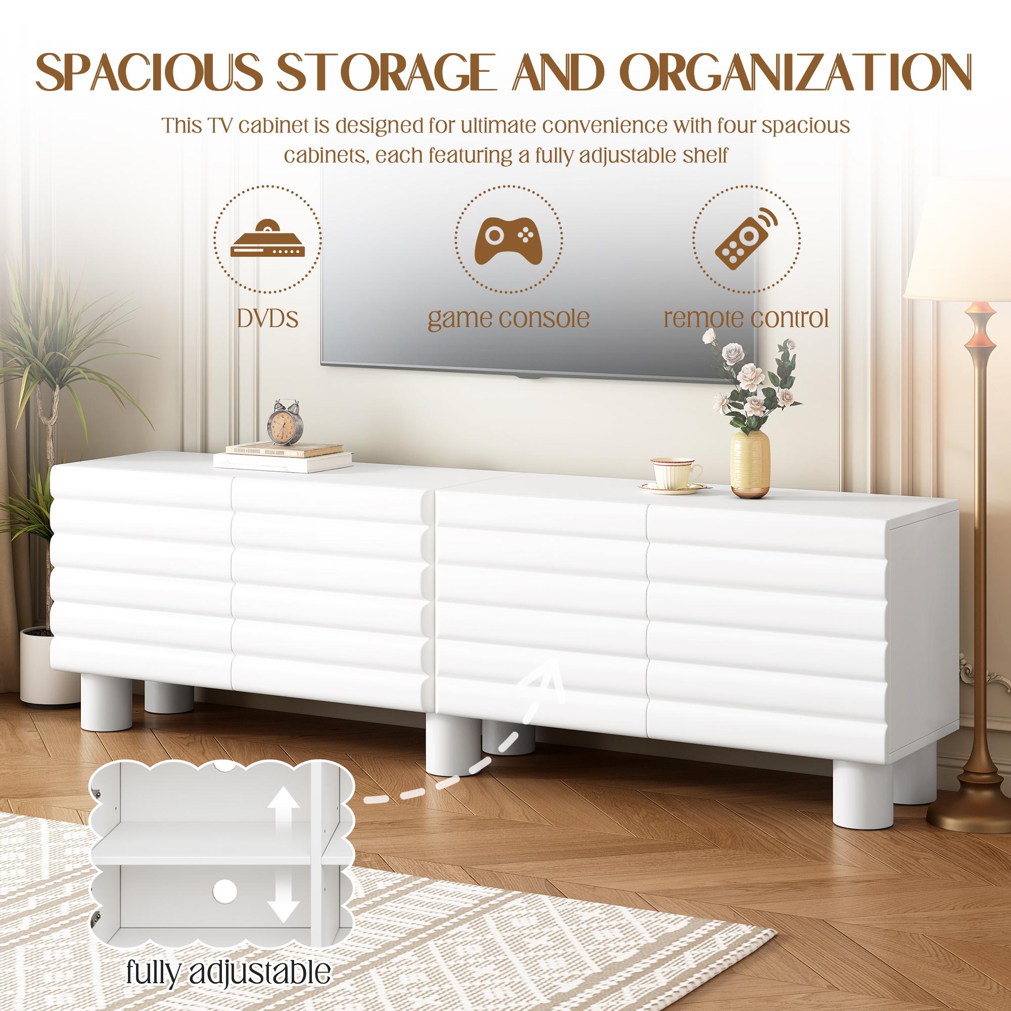 Modern Farmhouse MDF Wood Rectangular TV Stand - Cream White Single Unit for 75" TV, Wavy Door Media Console with Adjustable Shelves, 8 Cable Holes, Cylindrical Legs, Living Room Storage, Requires Assembly Modern Farmhouse MDF Wood Rectangular TV Stand - Cream White Single Unit for 75" TV, Wavy Door Media Console with Adjustable Shelves, 8 Cable Holes, Cylindrical Legs, Living Room Storage, Requires Assembly