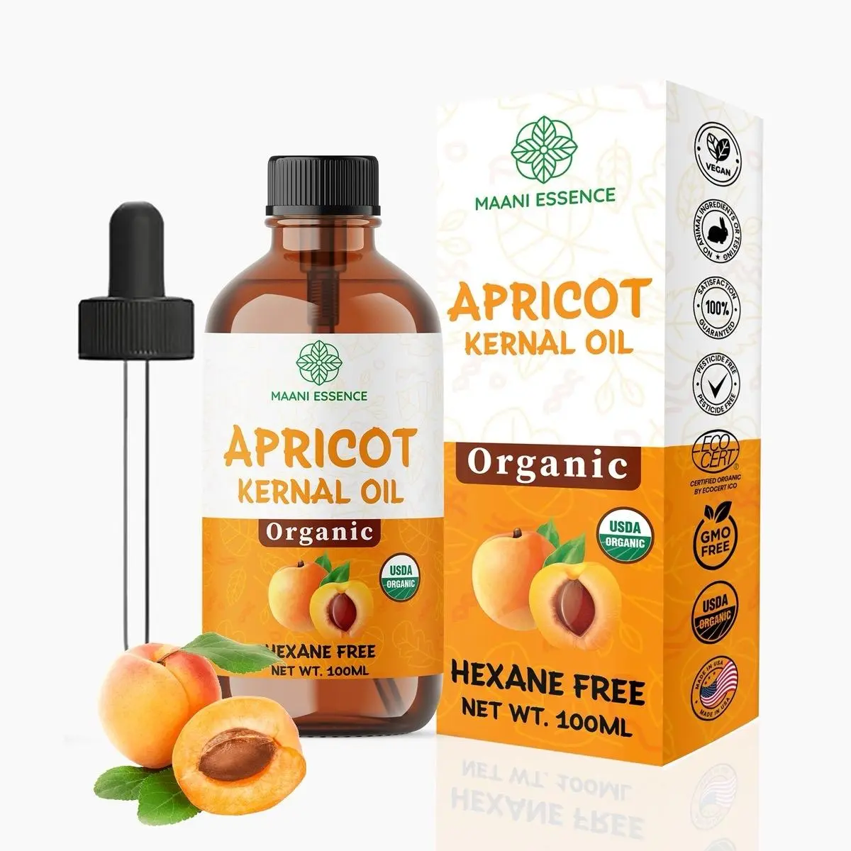 100ml Organic Apricot Kernel Oil, Pure Cold-Pressed Unrefined Apricot Oil, Natural Face & Body Moisturizer, Non-GMO, Made in USA