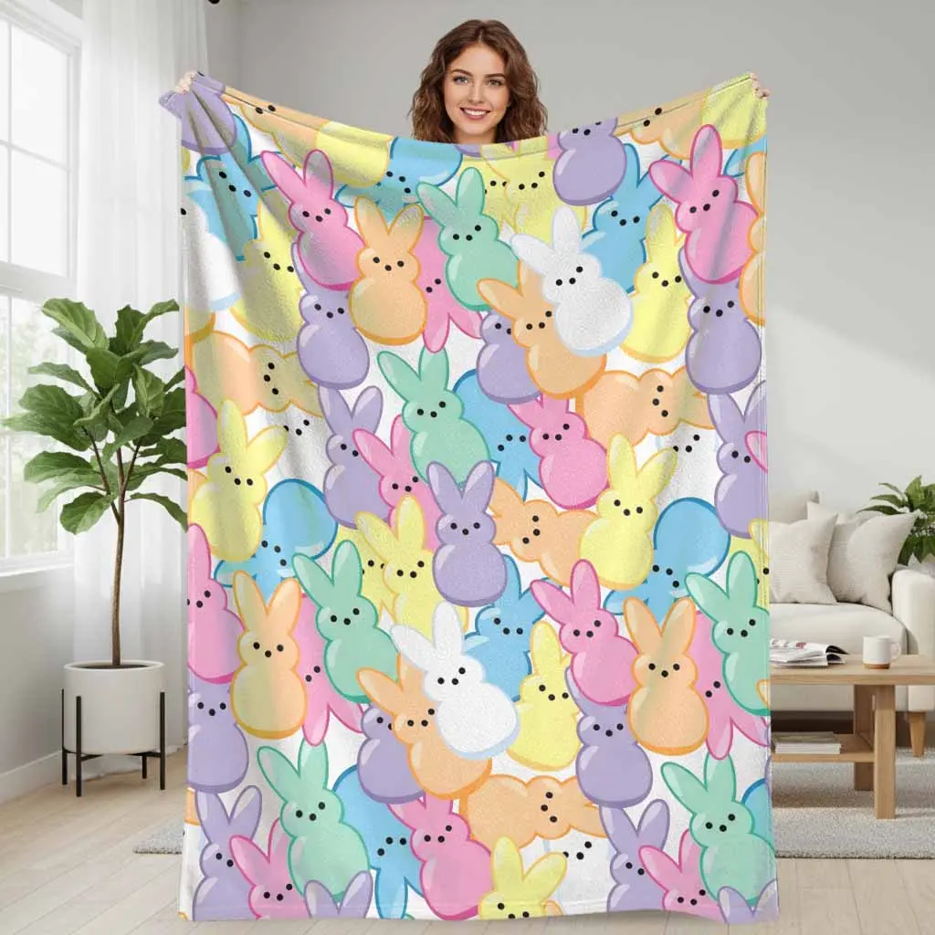 Colorful Bunny Pattern Flannel Throw Blanket, Cute Easter Peep Print, Soft Warm Lightweight Plush, Machine-Wash Simple, Ideal for Bedroom-Sofa Spring Decor & Holiday Gift