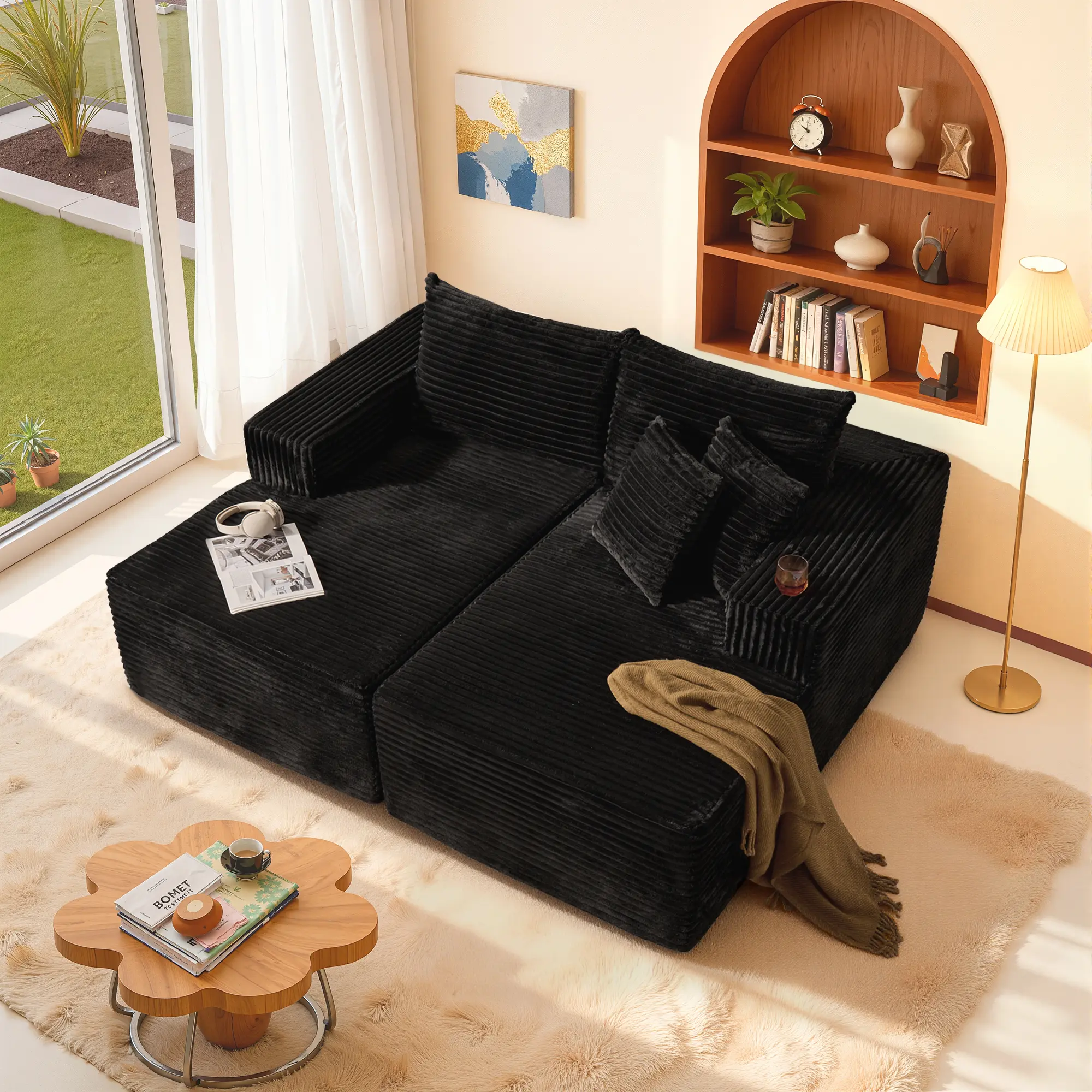 Double Chaise| Black Plush Corduroy