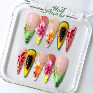 NailPhoria PAPAYA PARADISE-SUMMER Handmade Press-On Nails | Reusable, Salon-Quality, Long-Lasting, Glossy Design
