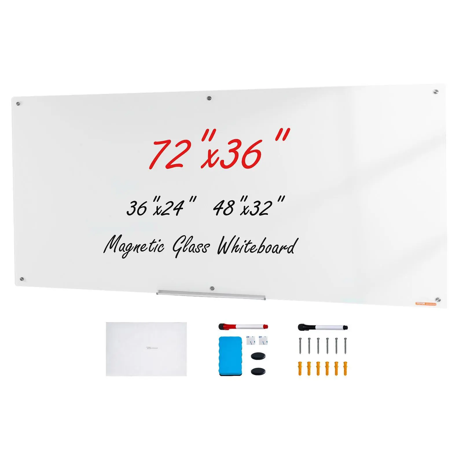 【summerfinds】VEVOR Frameless Magnetic Glass Whiteboard, 72"x36" Wall-Mounted Dry Erase Board with Marker Tray, Eraser & 2 Markers, for Home Office & Classroom Use, White, Classroom Supplies, Magnetic Message Board, White Board Kit