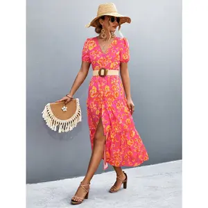 Strawberry V-Neck Short Sleeve High Slit Midi Dress