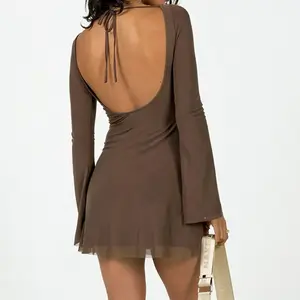 Women Mini Double-Layered Mesh DressSolid Long Sleeve Open Back Tie-up Dress for Daily Party Club