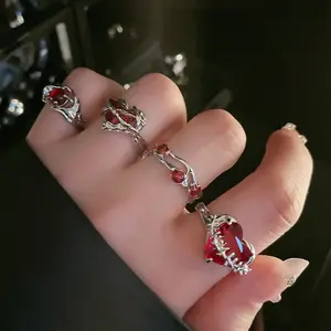 Red Gem Silver Adjustable Ring Set, Y2K Gothic Stackable Open Rings for Women, Trendy Dark Aesthetic Jewelry