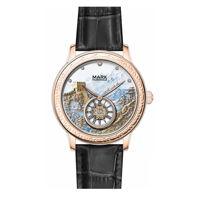 MARK FAIRWHALE Men's Chic Modern Round Automatic Mechanical Watch with Stainless Steel Case and Leather Strap, Automatic Mech.