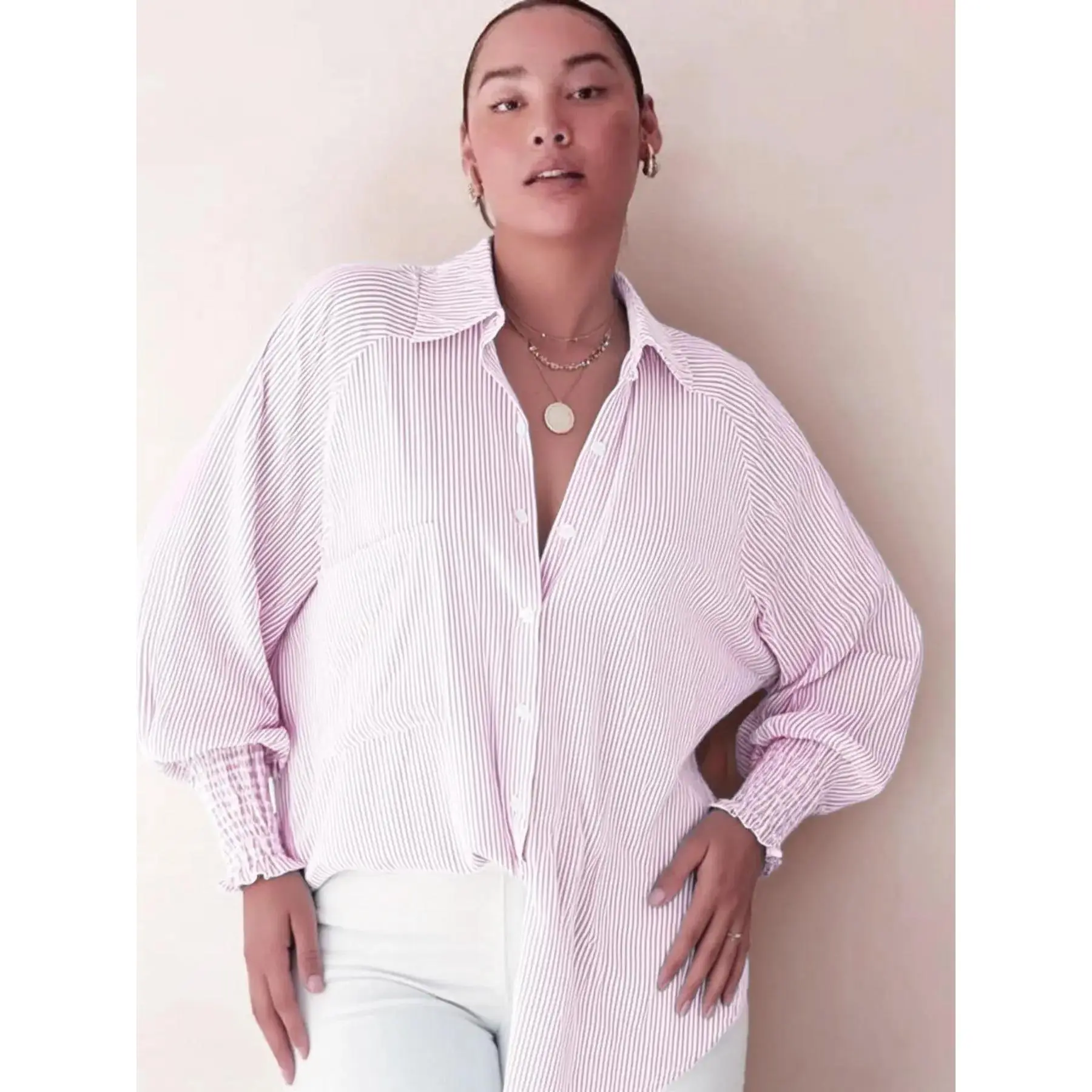 Fashion Plus Size Striped Print Button Front Pocket Shirred Fitted Blouse Shirts, Down Shirt, Casual Bishop Sleeve Long Top for Daily Holiday Wear, Women's Longsleeves Clothes Spring & Fall, Timeless, Hot Trend, Modern