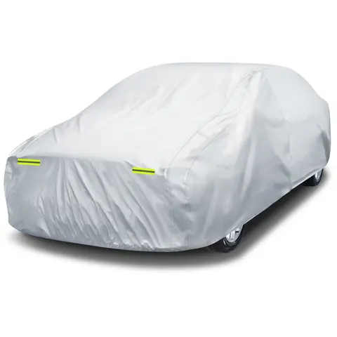 Car Cover Waterproof All Weather Full Exterior Cover Rain Sun Hail Protector Car Cover with Door Zipper & Cotton, Silver