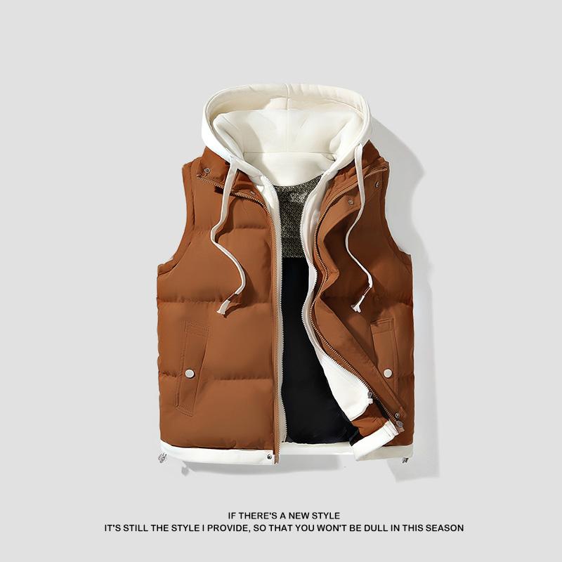 Men's hooded colorblock quilted vest, stylish and warm, the hooded design is casual and versatile, perfect for everyday wear, hanging out with friends, and winter street style.