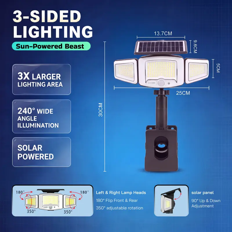 Three-head clip-on solar outdoor light with mounting accessories and remote control