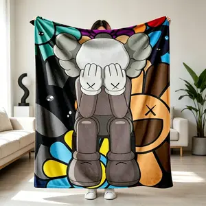 KAWS Style Flannel Blanket Murakami Inspired Floral Print – Soft Warm Lightweight Cozy Throw Anti-Pilling for Sofa Bedroom Dorm Home Decor | Birthday & Holiday Gift for Art Lovers