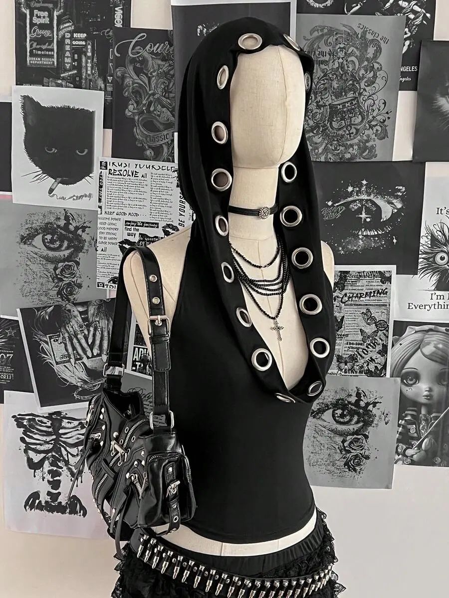 Women's Retro Sexy Y2K Music Festival Punk Backless Hooded Halter Top
