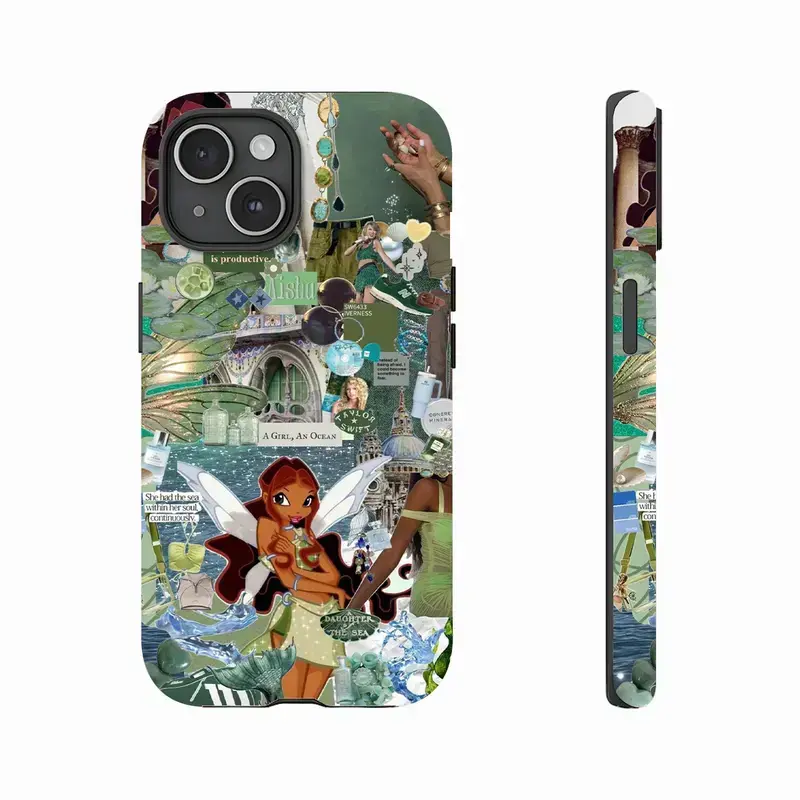 Green Tinker Bell Themed Fairy Cartoon Winx Club Collage Art Tough Phone Case. Sweet Magical Y2K Aesthetic Rugged Shockproof Protective Cover For iPhone 17 Pro Max 16 Air 15 14 13 12 11.