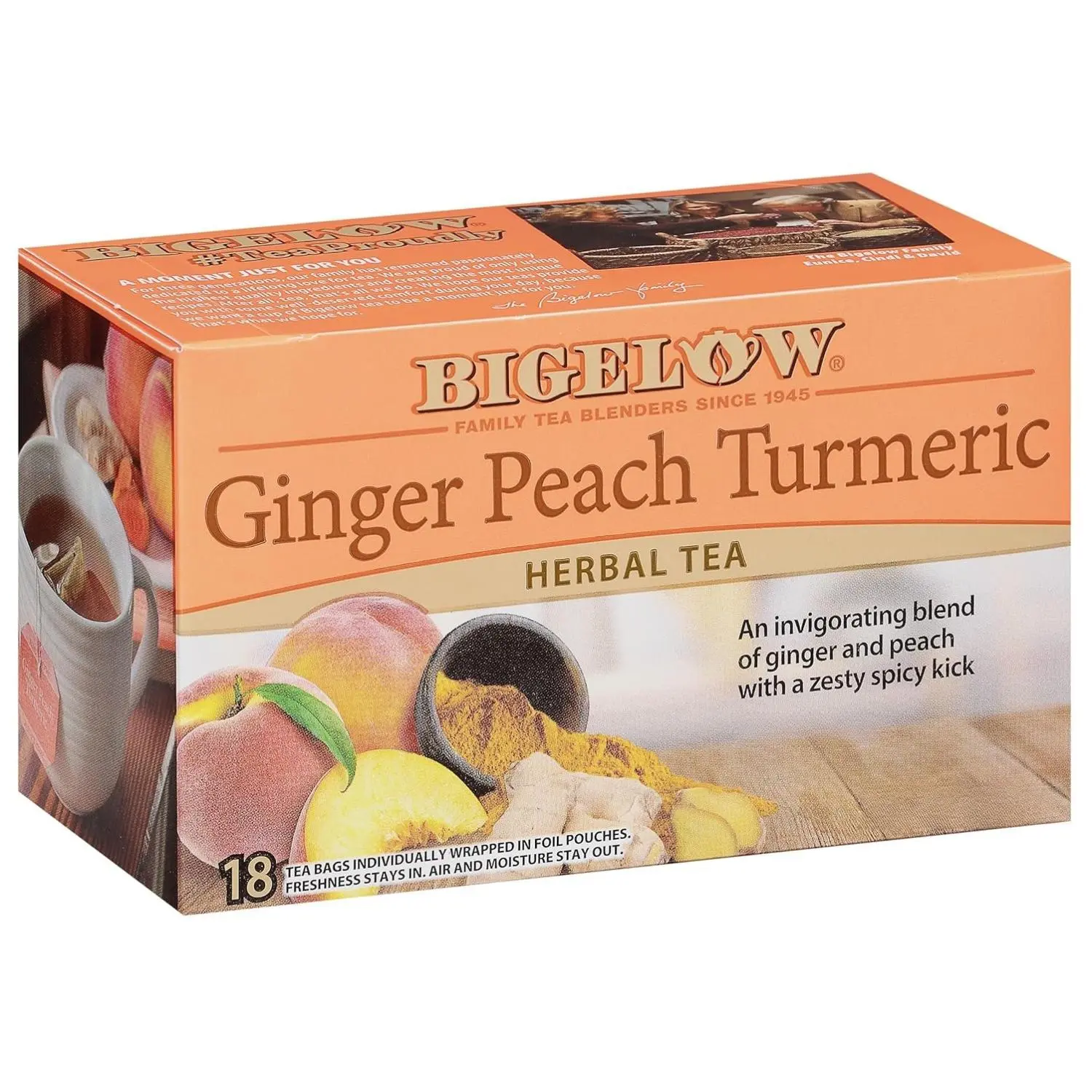 Bigelow Ginger Peach Turmeric Herbal Tea Caffeine 18 Tea Bags Beverage Natural Sweet