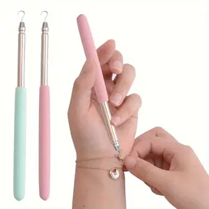 3pcs Stainless Steel Jewelry Clasp Helper Tool - Modern Ergonomic Pink & Mint Green Bracelet Assistant with Heart Charm, Durable Metal Clasping Aid for Necklaces, Bracelets & Earrings