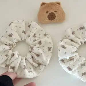 Cute Bear and Flower Pattern Hair Tie, Vintage Style Large Hair Accessory, Women's Fabric Hair Band, Hairstyle Enhancer