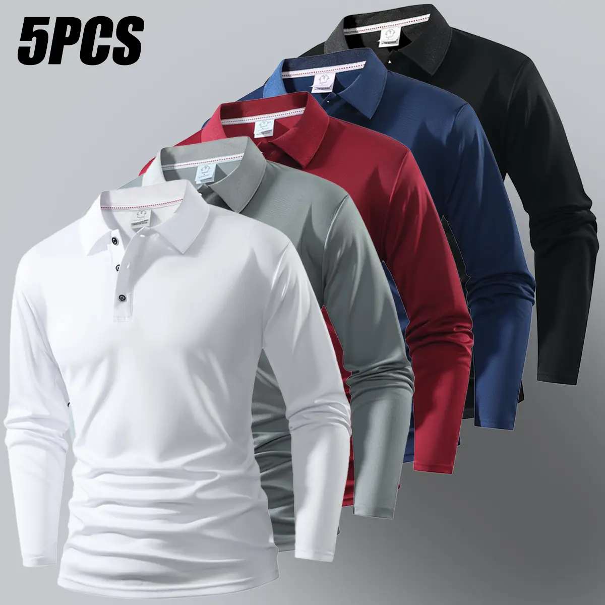 Set of 5 pieces: men’s new classic collared long-sleeve shirts with a stylish, easy-to-match solid color design. Lightweight, breathable, soft, skin-friendly fabric suitable for everyday wear and golf sports. Men’s long-sleeve shirts.