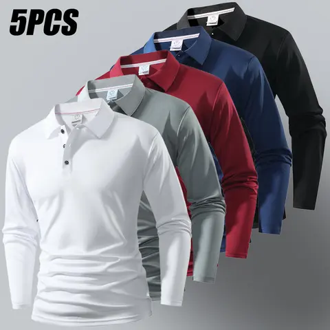 Men's 5-Piece Fitted Classic Collared Long-Sleeve Solid Polyester Polo Shirts - Lightweight, Breathable, Soft, Skin-Friendly for Daily Wear & Golf Sports, No