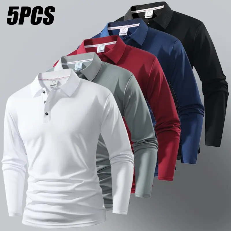 Men's 5-Piece Fitted Classic Collared Long-Sleeve Solid Polyester Polo Shirts - Lightweight, Breathable, Soft, Skin-Friendly for Daily Wear & Golf Sports, No