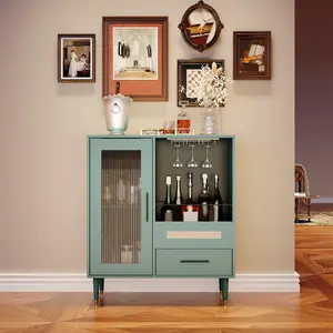 Modern 30.7"Wine Bar Cabinet with Tempered Glass Doors,Buffet Sideboard for Dining Room,Kitchen Coffee Bar&Liquor Storage with Glass Holder,Green