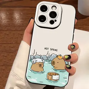 1pc black matte full-cover phone case, cartoon capybara hot spring illustration, suitable for iPhone17/iPhone17Pro/iPhone17ProMax/iphone15/iphone15Pro/11/12/13/14/15PROMAX