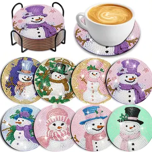 8-Piece Diamond Painting Set with Stand, Christmas Theme Cup Mat Set, Shimmering Diamond Art Wooden Mosaic Handcraft Craft Kit