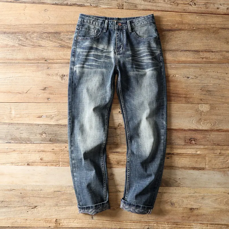 Men's Mid Waist Vintage Horizontal Whisker Faded Straight Leg Jeans - Cuffed Hems, Tribal Print Polyester Woven Lining, Relaxed Loose Fit, Distressed, Classic Retro Men's Pants, Multi-Size Denim Trousers for Daily Streetwear Workwear, Mid Waist Jeans, Ret